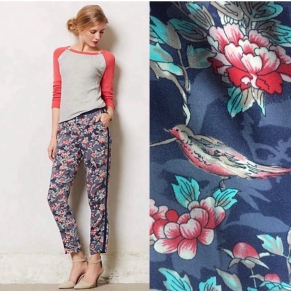 Anthropologie Elevenses Size 6 Tall Women's Blue Floral Bird Tapered Tuxedo